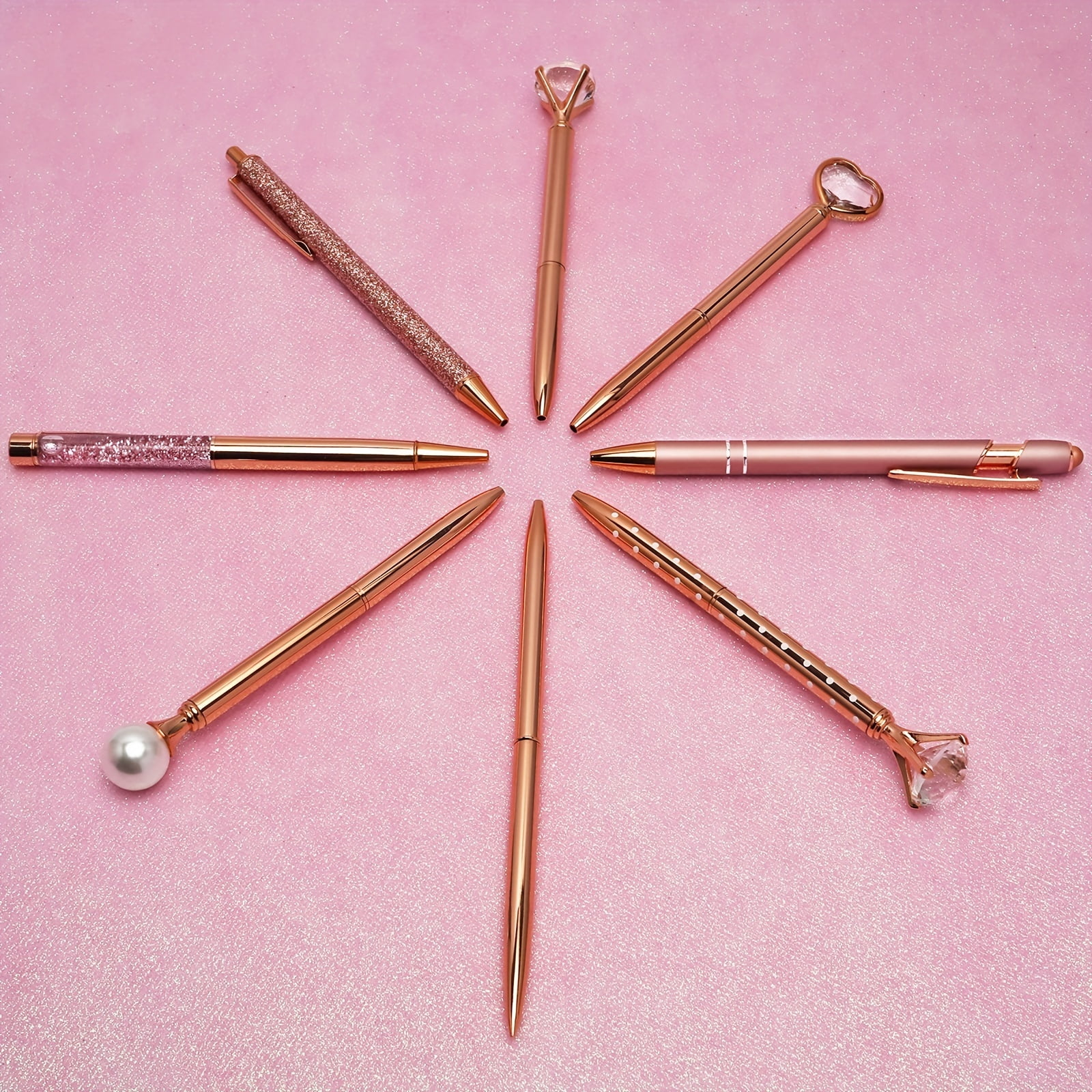 5-Pack Glitter Ballpoint Pens – Metal Sequin Crystal Click Pens, 1mm Black Ink, Rose Gold (School & Office)
