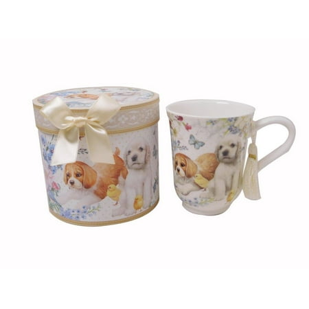 - Elegantoss 11.2oz Coffee / Tea Mug Superior Bone China Royal cup in a reusable handmade gift box with ribbon, Tassel on Handle, in cute puppy design