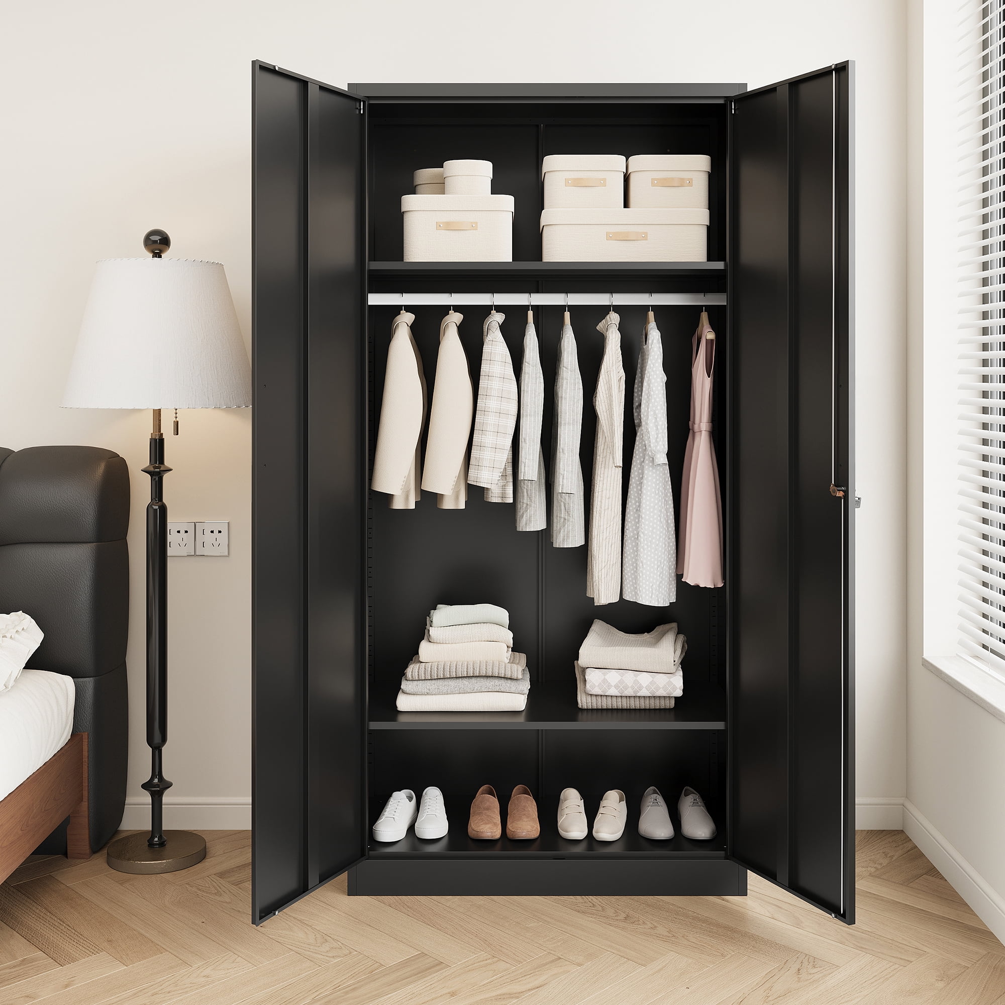 Fesbos Metal Wardrobe Cabinets with Lock, Clothing Locker 72" X 36" X 18" Storage Cabinets for Home Room,Fire Department, Employee,Gym,Government (Black)