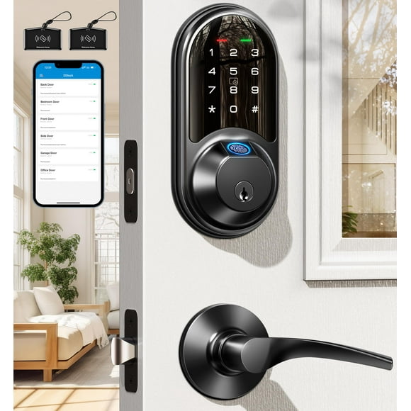 Veise Cerraduras inteligentes para puerta delantera, 2 manijas de palanca, entrada sin llave con huella digital, juego de cerradura de puerta biométrica con control de aplicaciones, cerrojo electrónic