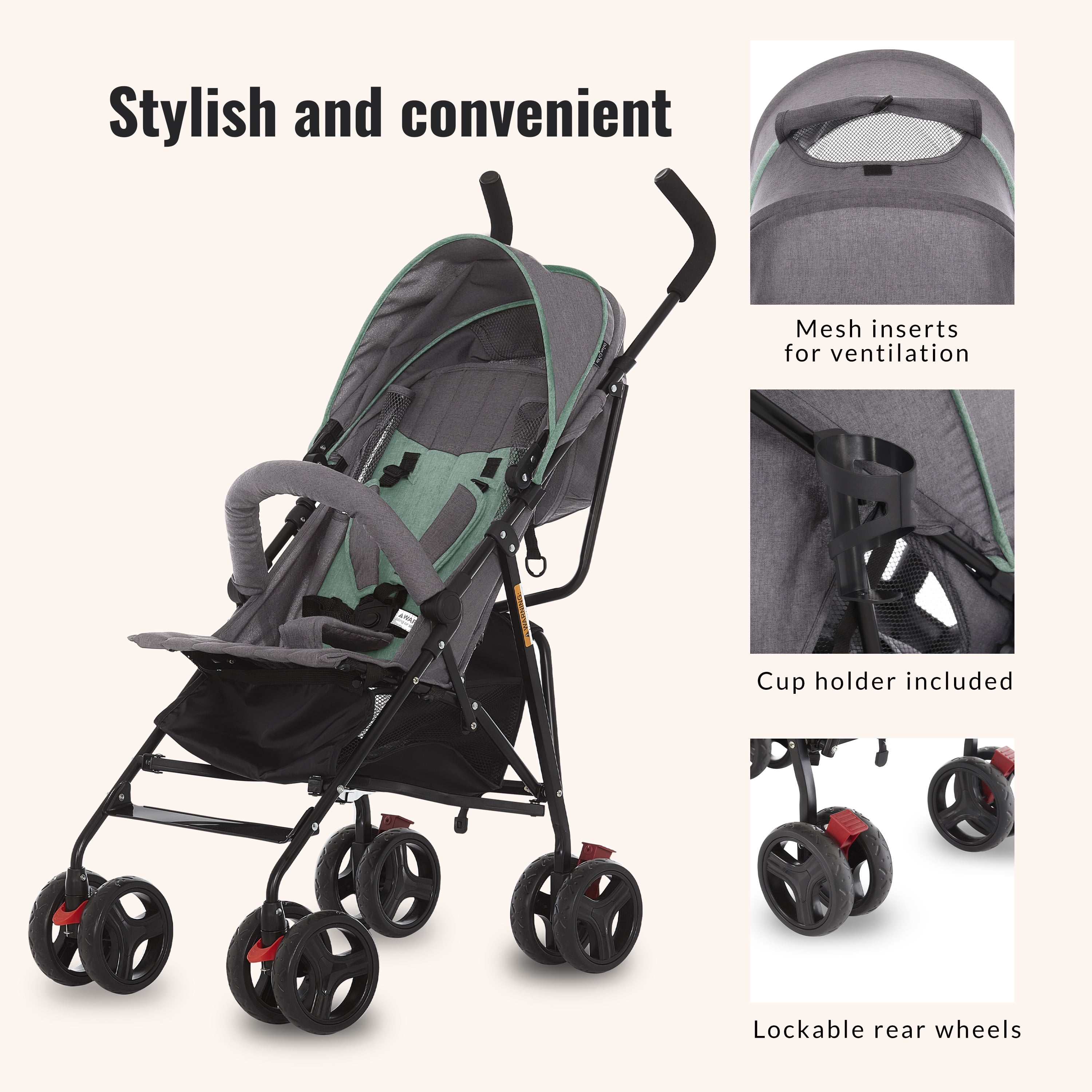 Dream On Me Vista Moonwalk Stroller, Lightweight Infant Stroller with Compact Fold, Multi-Position Recline, Canopy with Sun Visor, Perfect for Traveling and Theme Parks, Mint