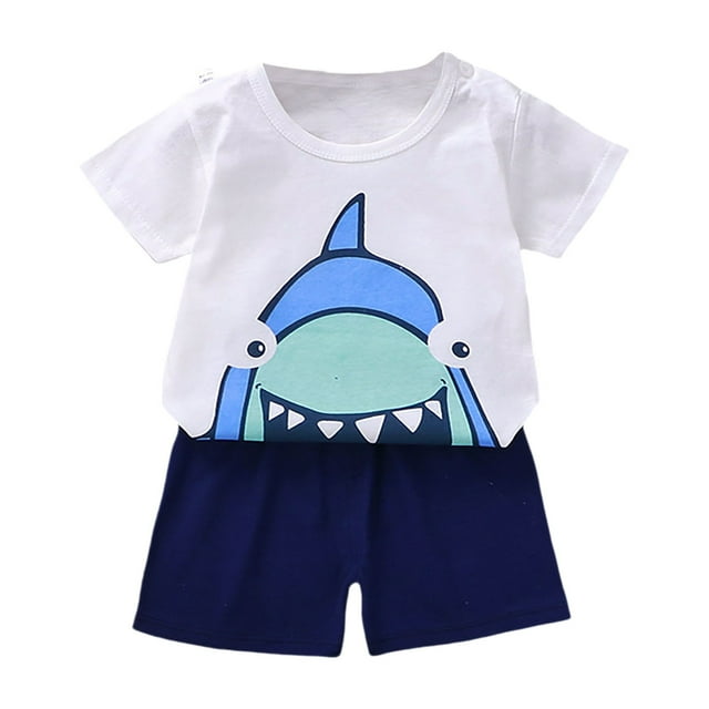 Sunnyoo Little Boy's Summer Outfits Cartoon Print Short Sleeve T-Shirt and Shorts Set