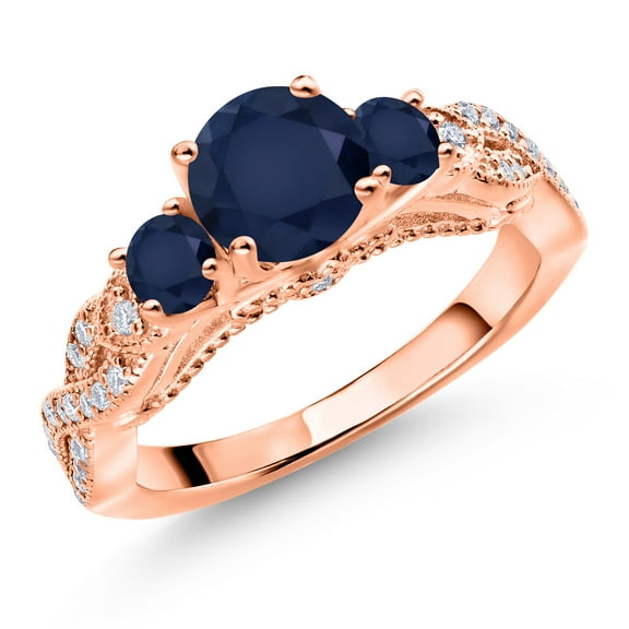 Gem Stone King 18K Rose Gold Plated Silver Blue Sapphire and White Moissanite Engagement Ring for Women (1.67 Cttw, Gemstone September Birthstone, Round 6MM and 3MM, Size 8)