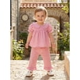thumbnail image 6 of Loicainy Baby Toddler Girl Summer Clothes 6 12 18 24 Months 2T 3T 4T Short Puff Sleeve Doll Collar Tops Pants Plaid Outfits Set, 6 of 9
