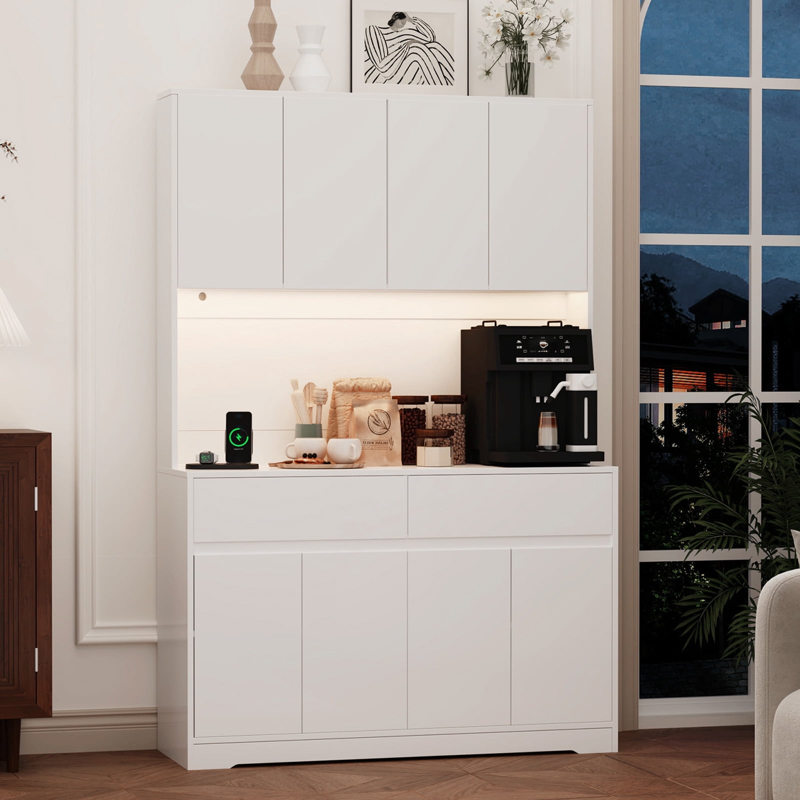 71" Tall Kitchen Pantry with LED Light & Charging Station, 8 Door Kitchen Cupboard with Large Storage and Microwave Stand, Freestanding Hutch Cabinet for Dining Living Room