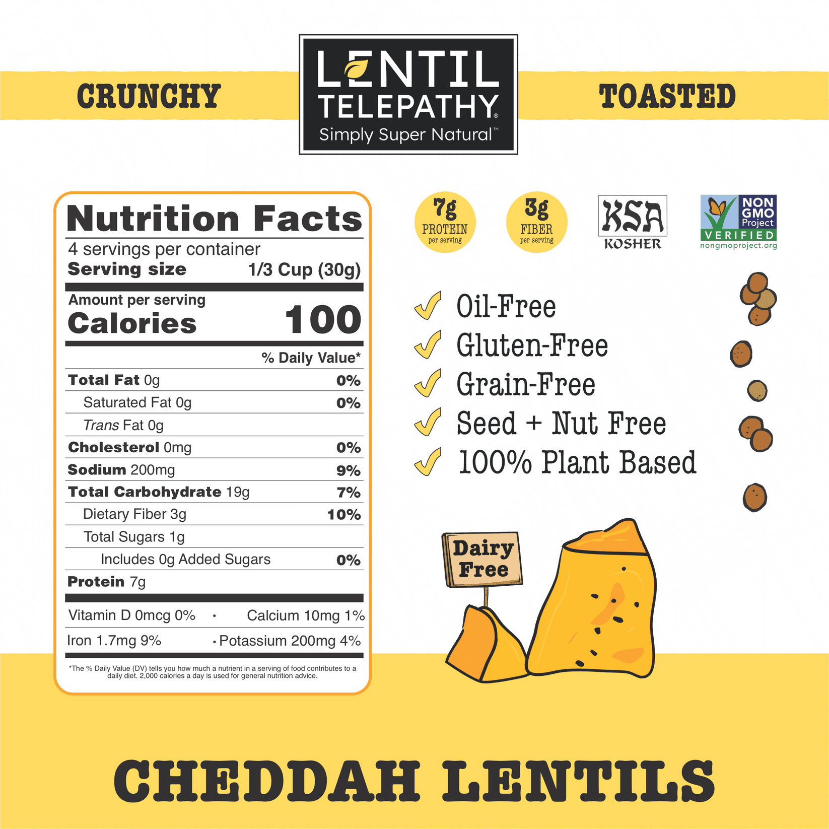 Lentil Telepathy Crunchy Toasted Snacks - Healthy Low Calorie Snacks, 100% Plant-Based Gluten Free Ready to Eat Straight from the Bag, Non-GMO, 4 Ounce Bags (W) (Cheddah3Pack)
