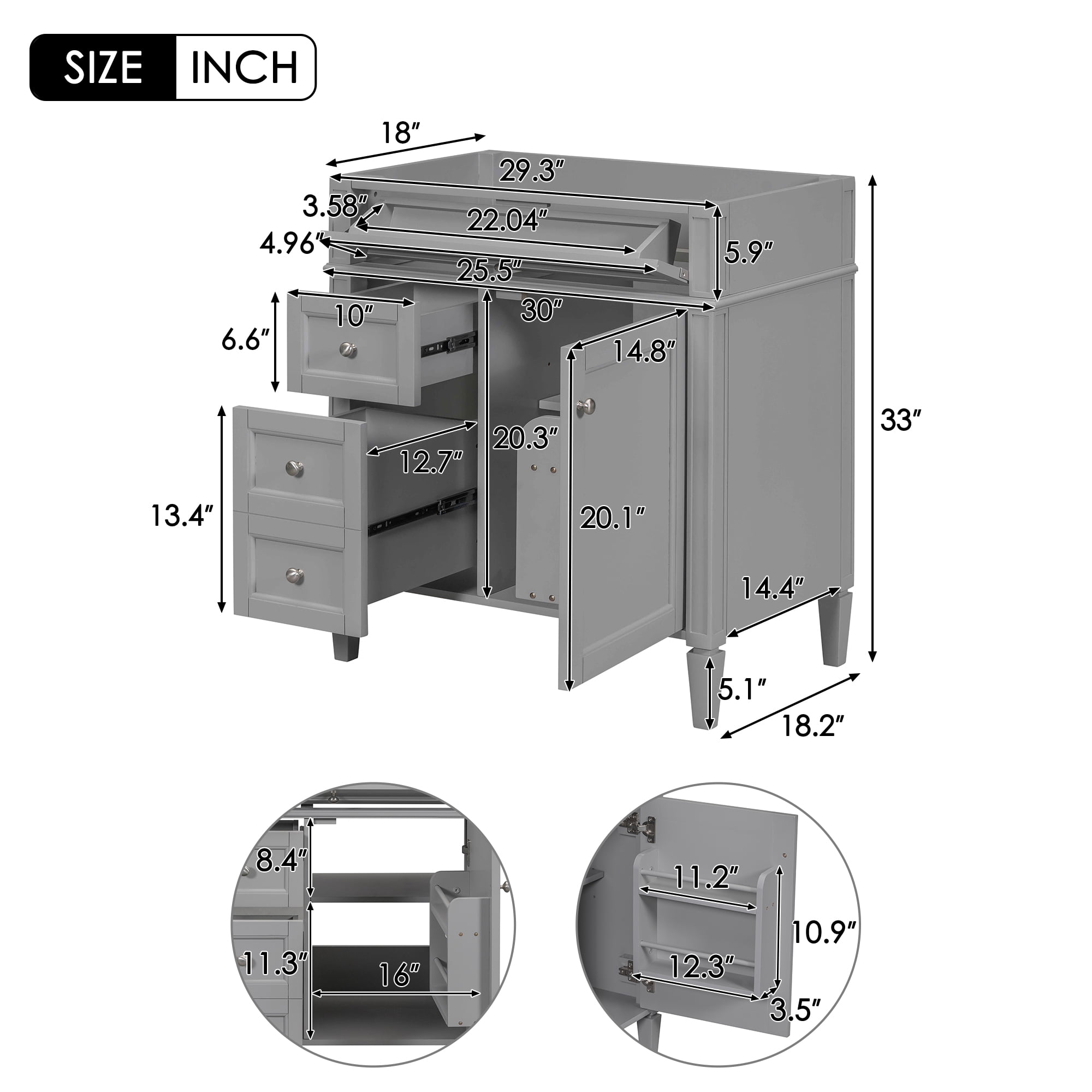 Euroco Modern Bathroom Vanity with Tip-Out Drawer, Cabinet Door Organizer, Soft-Close Drawers (NOT INCLUDE BASIN)