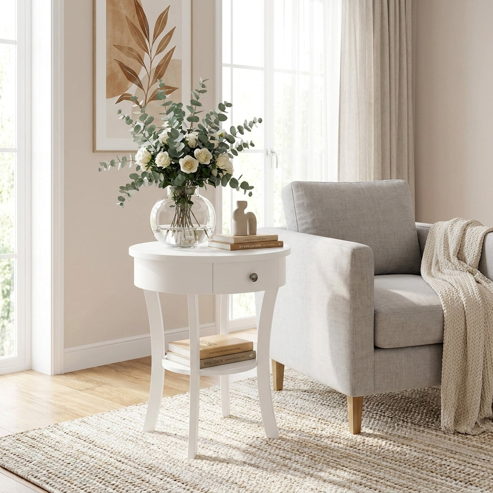 Furnibear 2 Tier Round End Table with Open Drawer and Bottom Shelf and Rubber Wood Legs for Living Room Bedroom and Sofa Side Storage, White