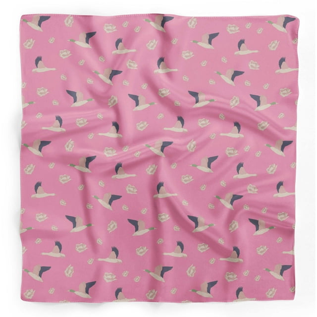 Bimba Pink Ranunculus & Stork Bird Printed Pure Silk Scarf For Hair Neck Head Bandanas For Women 40 x 40 Inches