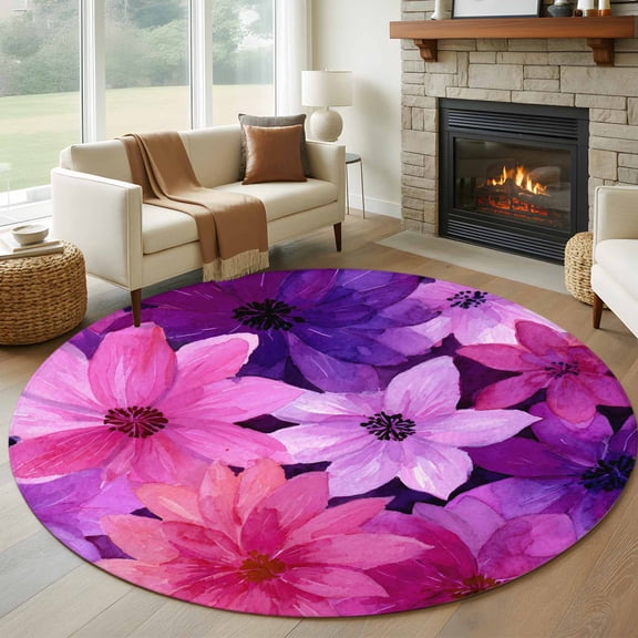 Round Area Rug 8 Ft, Watercolor Flowers Washable Non-Slip Circle Carpet for Living Room/Bedroom, Spring Floral Country Pink Purple Collection Low-Profile Large Area Rugs for Indoor