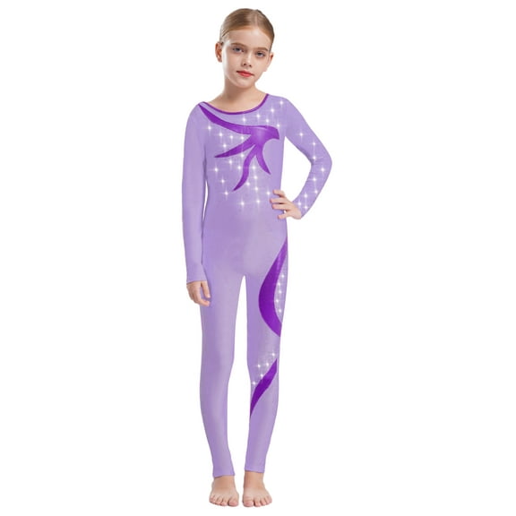 Haitryli Kids Girls Color Block Dance Leotard Sparkle Bodysuit Tank Ballet Unitards Gymnastic Catsuit Light Purple 14