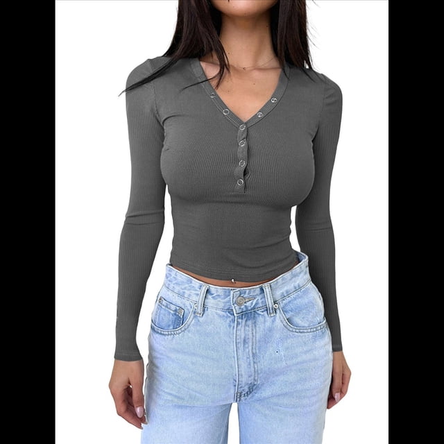 Camisas de Larga para Mujer, Ropa de Otoño, Blusas Henley, Blusas Informales de Negocios Acanaladas, Conjuntos de Moda. Gris Oscuro M