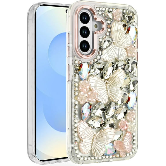 For Samsung s25 Plus/s24 Plus Lavished Floral Butterfly Bling Stones Hybrid Case - Rose Gold