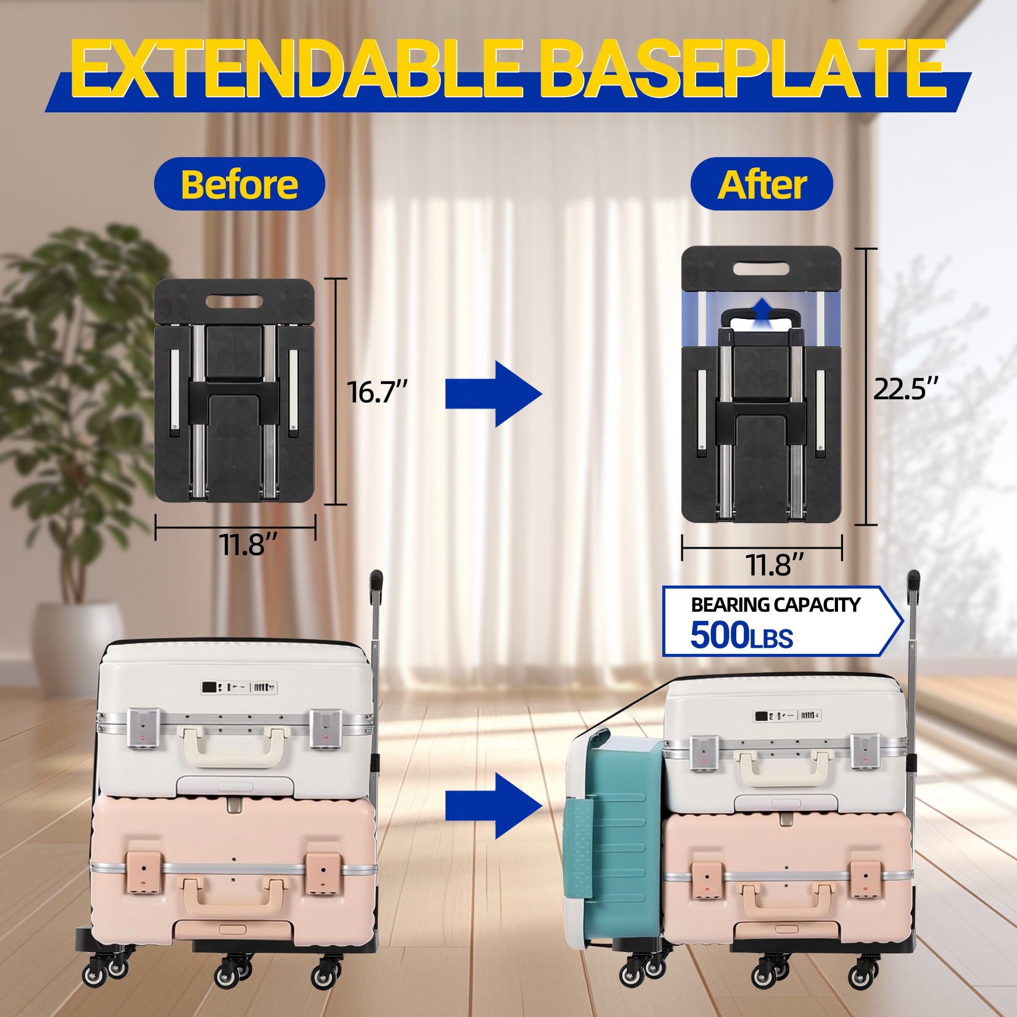 OUTMASTER  6 Wheel Folding Hand Truck-500lbs Capacity,Adjustable Handle & 360° Wheels for Home/Office/Travel