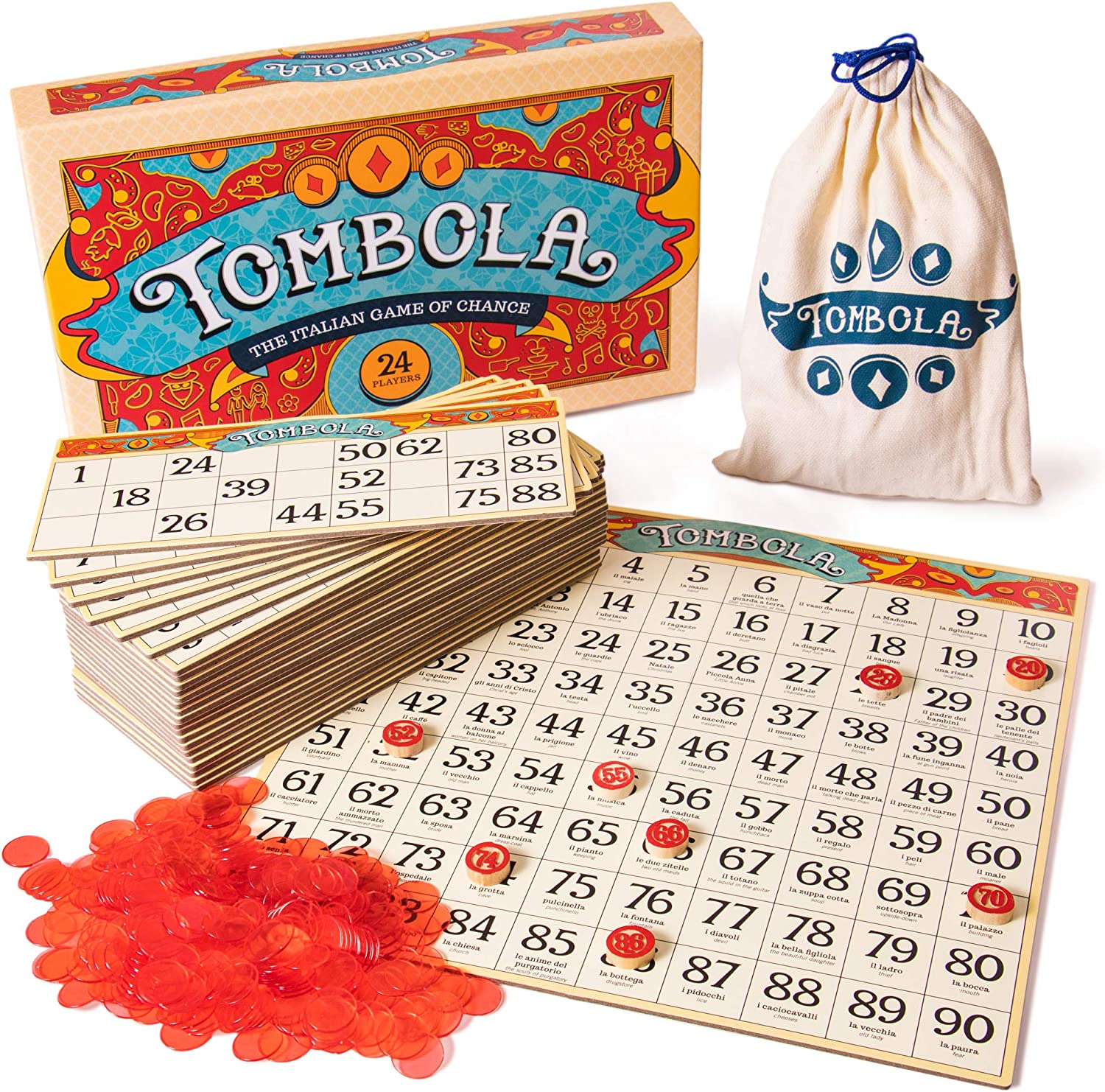 Tombola Bingo Board Game The Italian Game of Chance for Family, Friends  and Large Parties Up to 24 Players! Includes Calling Board, 90 Tombolini  Tiles, 24 Double-Sided Cards and 360 Chips
