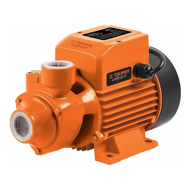 bomba periférica truper boap-1/2 0.5hp color naranja 60hz 127v vista lateral frontal centrada, bomba periférica naranja con impulsor de latón en la toma frontal, motor con aletas de enfriamiento, base con orificios de montaje y etiqueta Truper en el costado; diseñada para plomería e hidroneumáticos, 0.5 hp y succión hasta 45 m; suele usarse también como refuerzo doméstico de riego.
