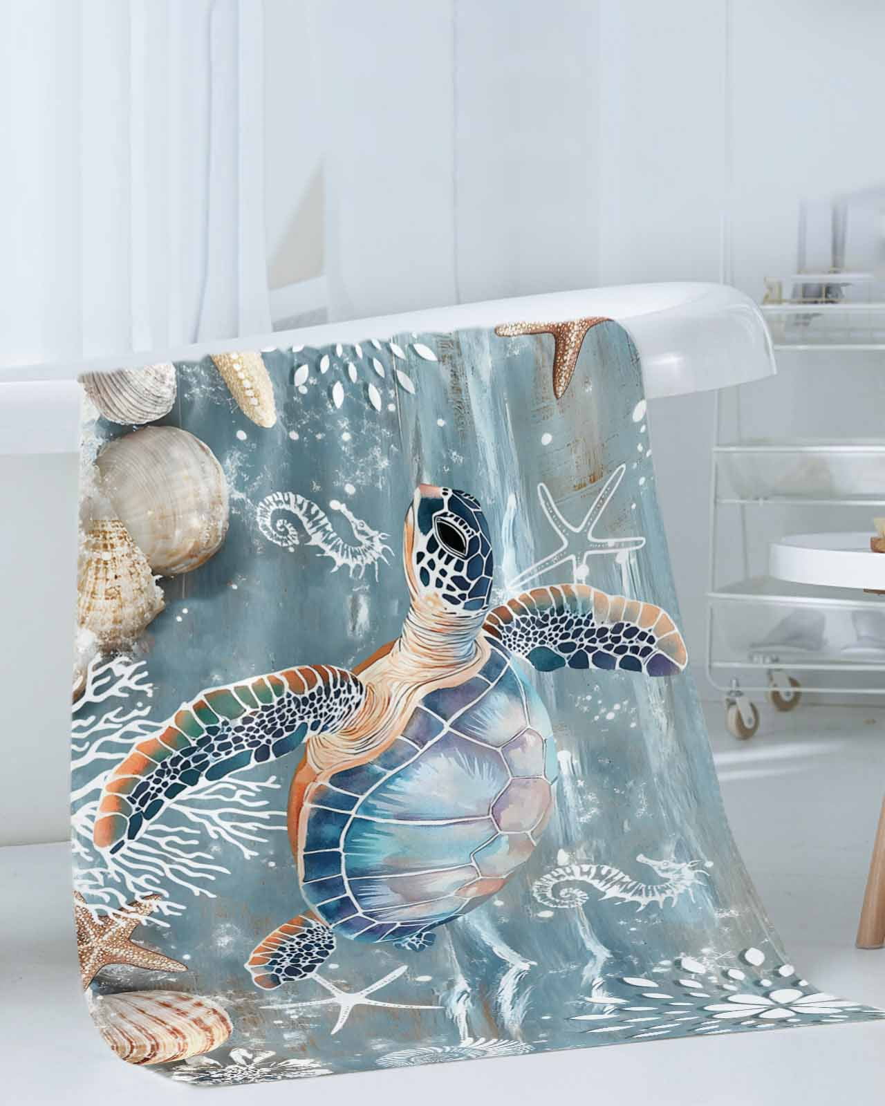 Blue Turtle Coastal Bath Towels for Bathroom Set,Luxury Microfiber Towels Gifts for Women,Beach Kitchen Hand Hair Face Towel and Dish Washcloth,Summer Beach Nautical Starfish Coral Towels+Set