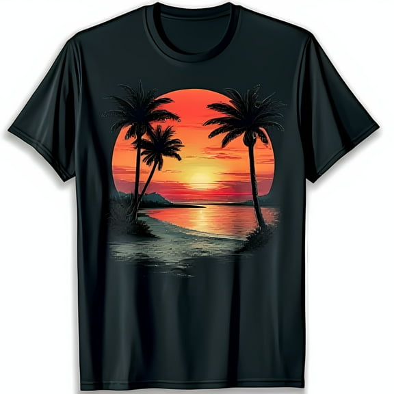 Vibrant Sunset Trees Black T-Shirt Tropical Paradise Graphic Tee