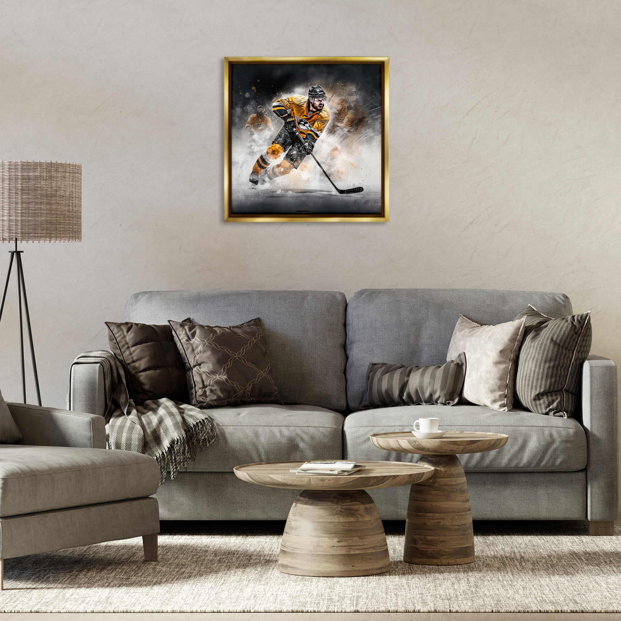 Stupell Industries Hockey Player Athlete People Painting Gold Floater Framed Canvas Art Print Wall Art, 25 x 25