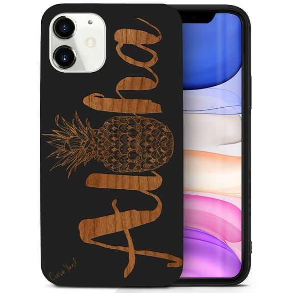 Case Yard Wooden Case for iPhone-11 Soft TPU Silicone cover Slim Fit Shockproof Wood Protective Phone Cover for Girls Boys Men and Women Supports Wireless Charging Aloha Pineapple Design