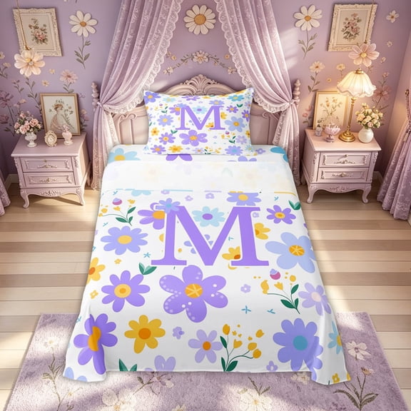 Meiyoeat Spring Daisy Floral Twin Sheet Sets for Women Girls, Cute Initial M Letter Bedding, Lavender Purple, 3-Piece