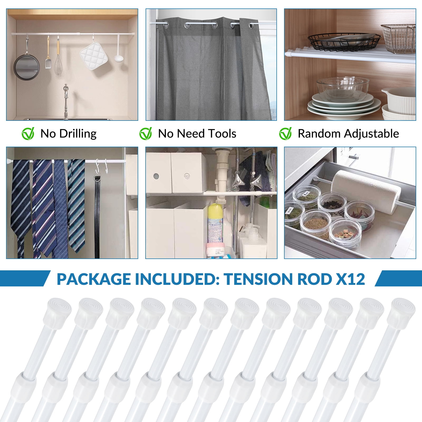 BEAMNOVA 12Pcs Tension Curtain Rod for Windows Cabinet Wardrobe Closet 28"-48" Adjustable, 1/2" Diameter, White