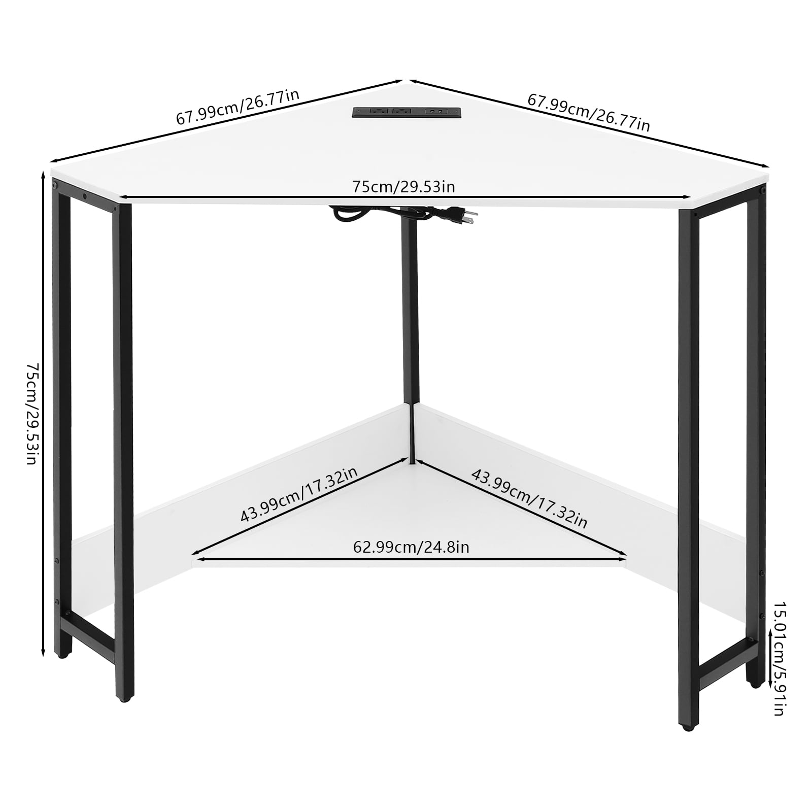 White Triangular Corner Desk Small Desk with Outlets Free Standing computer desk Corner Table for Small Space Office Student Dormitory Design Studio Game Room Study Room Modern Style
