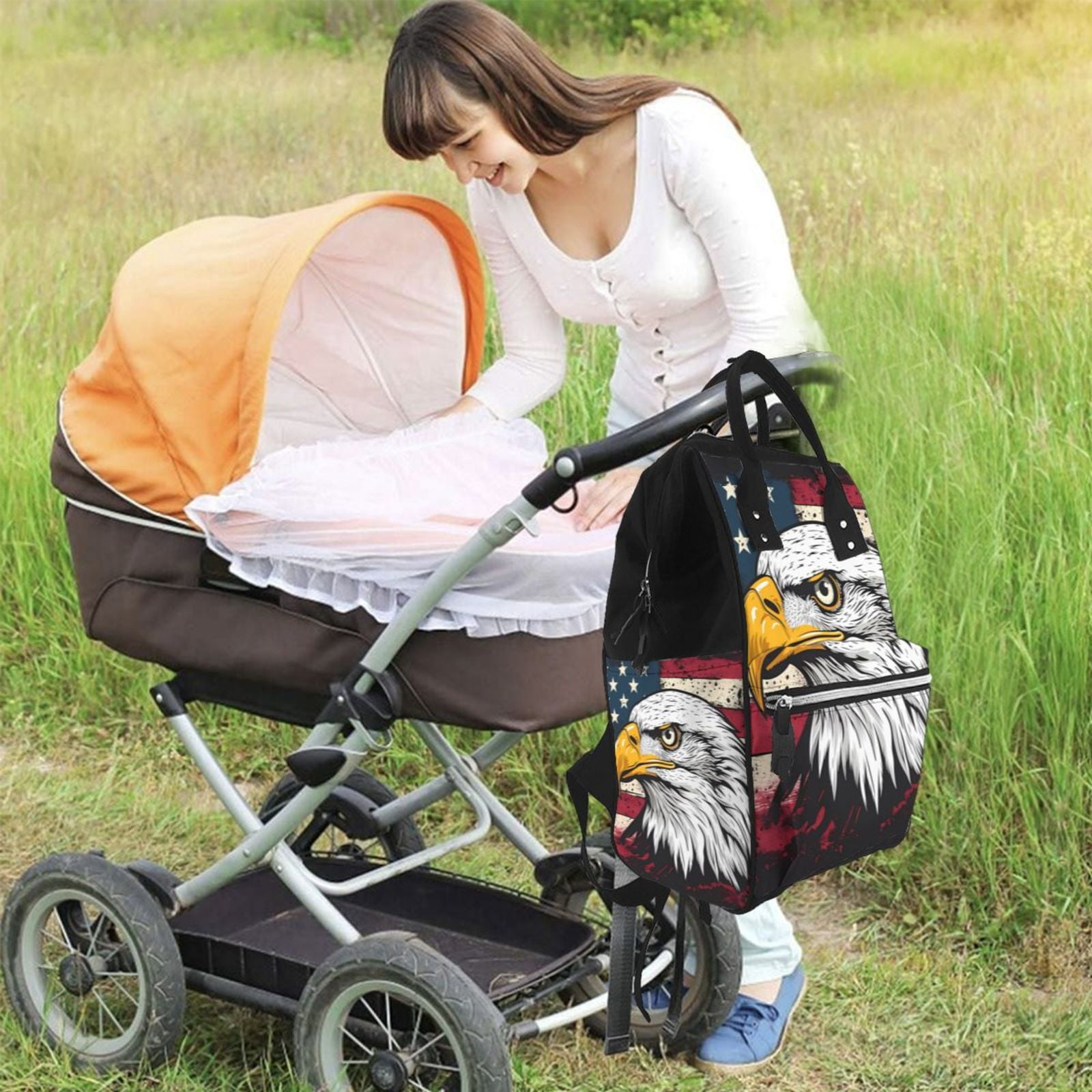 Ratiio American Bald Eagle Mummy Backpack - Waterproof Twill Canvas, Large Capacity Diaper Bag with Multiple Pockets and Adjustable Straps