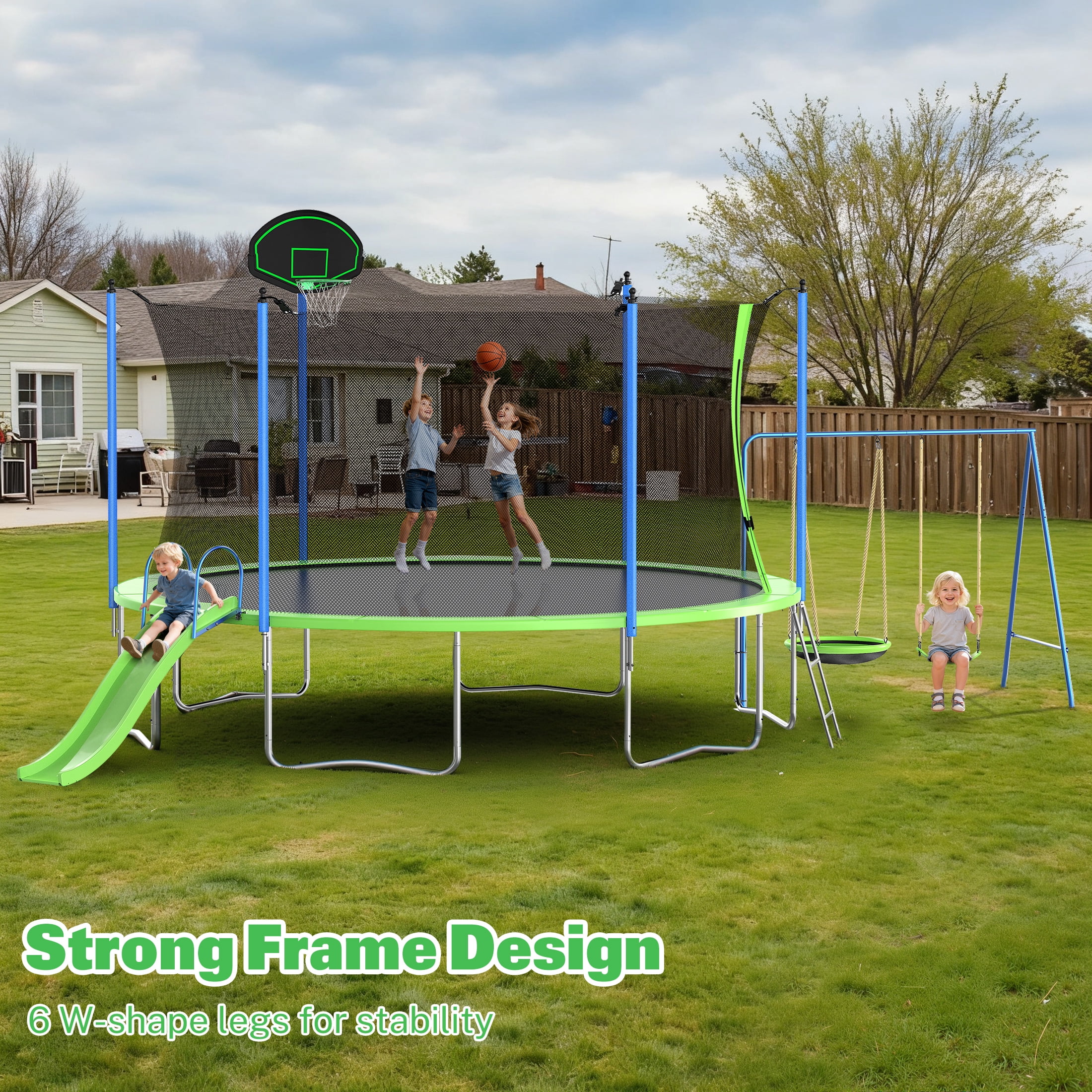 12FT Trampoline with Slide, Swings, SEGMART Recreational Trampoline with Basketball Hoop and Ladder, Heavy Duty Outdoor Backyard Trampoline with Net for Kids and Adults, Green