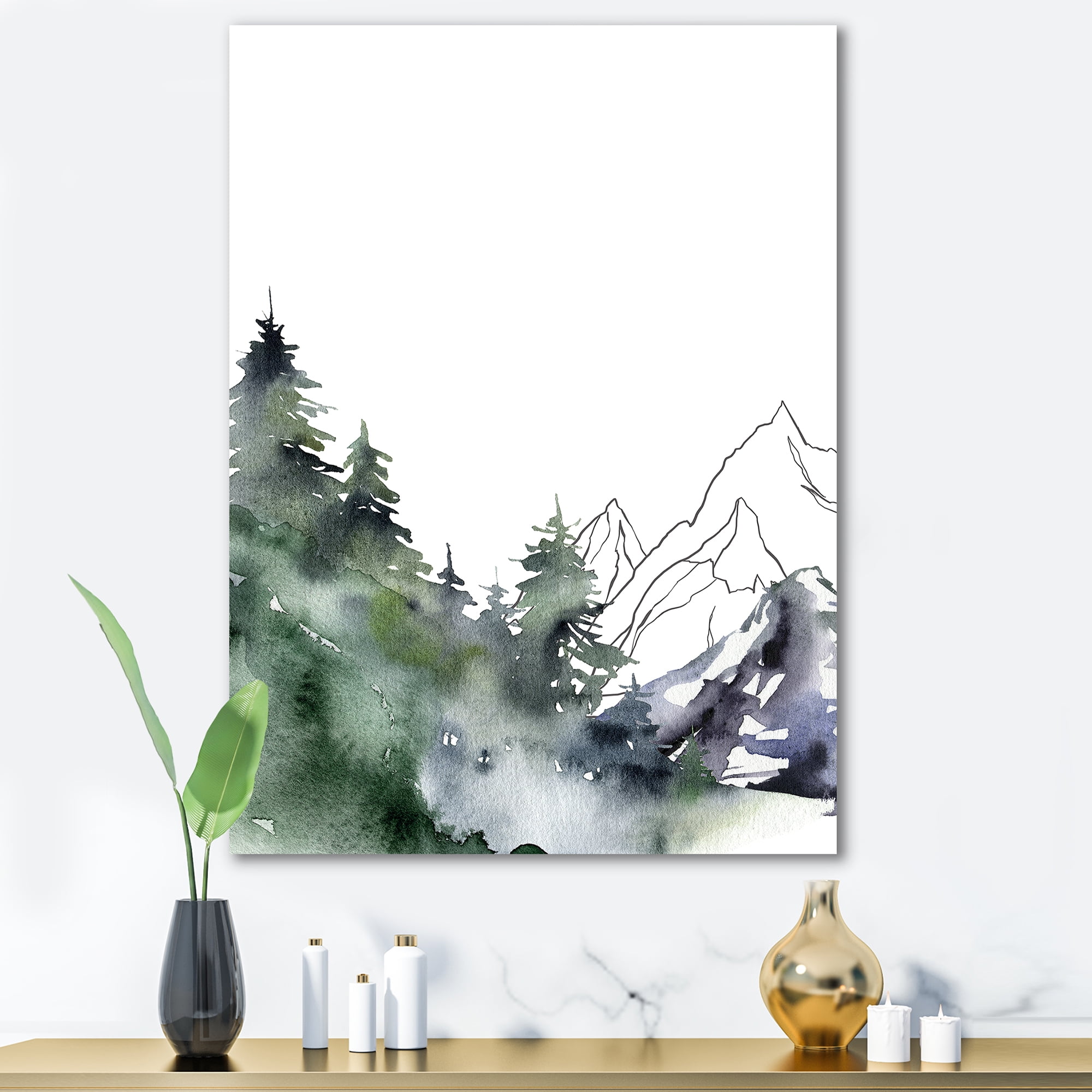 Designart ' Trees With Winter Dark Blue Mountain Landscape III ' Modern Canvas Wall Art Print