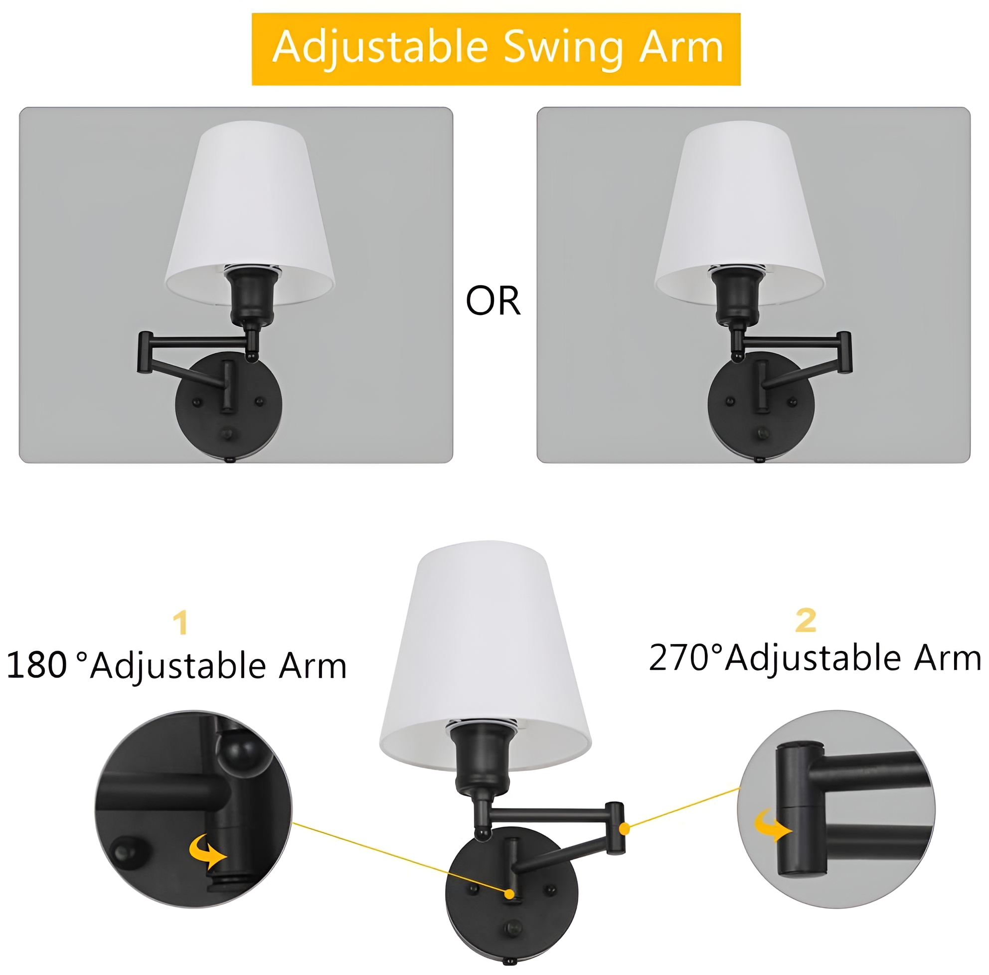 Adjustable Swing Arm Sconces 2 Pack Wall Lamps with White Shade & Black Metal (Bulbs Not Included)