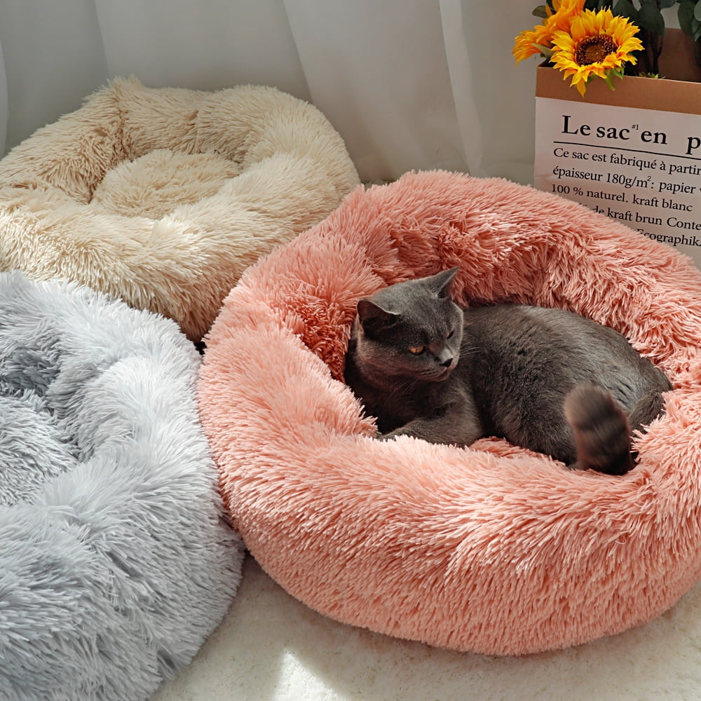 Pet Dog Cat Calming Bed Comfy Round Plush Warm Fluffy Nest Mattress Donut Pad