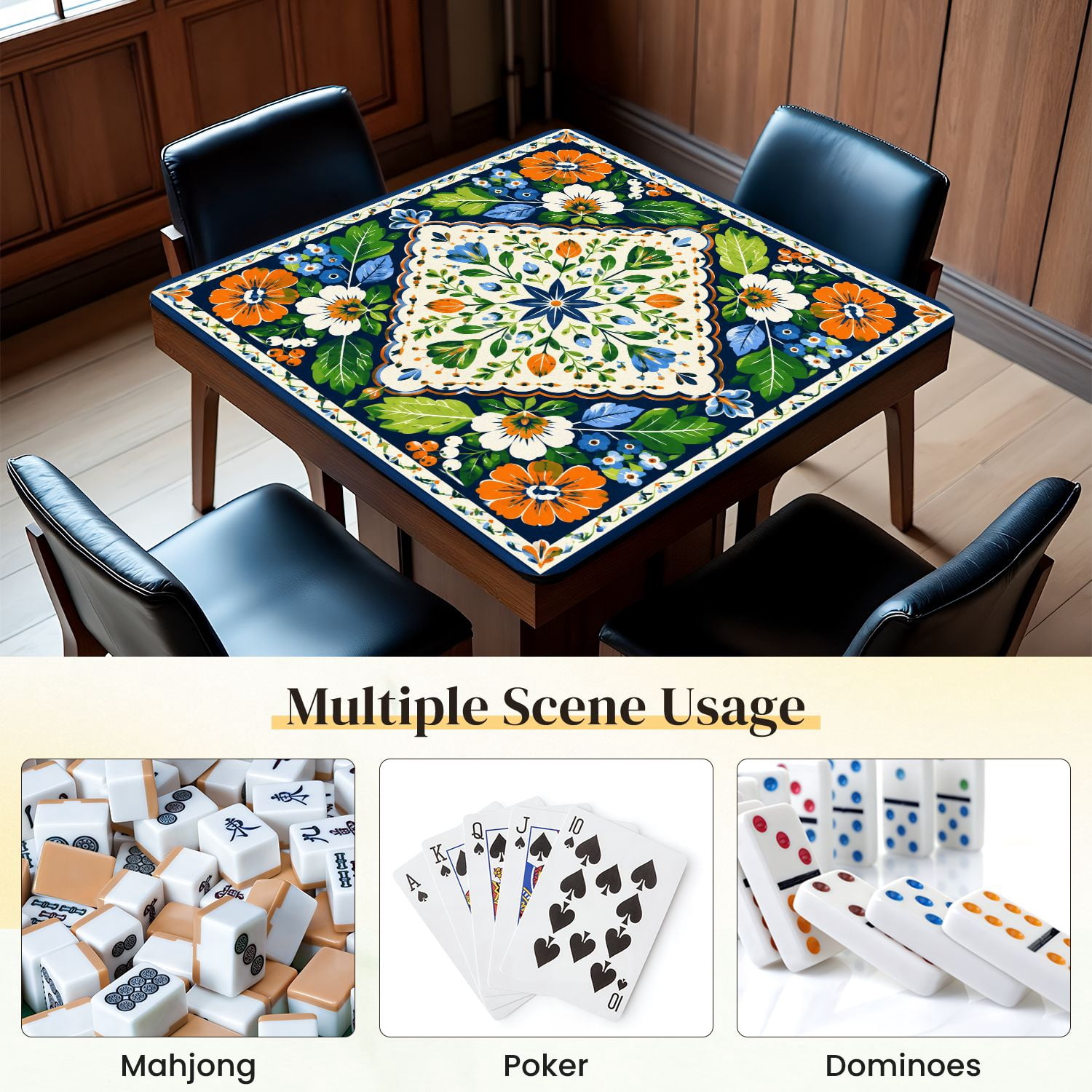 Mahjong Mat 31.5" x 31.5" Floral Folk Art Orange Blue White Flowers Green Leaves Dark Non-Slip Noise Reduction Mahjong Tiles Table Cover for Dominoes Poker Card Board and Tile Games