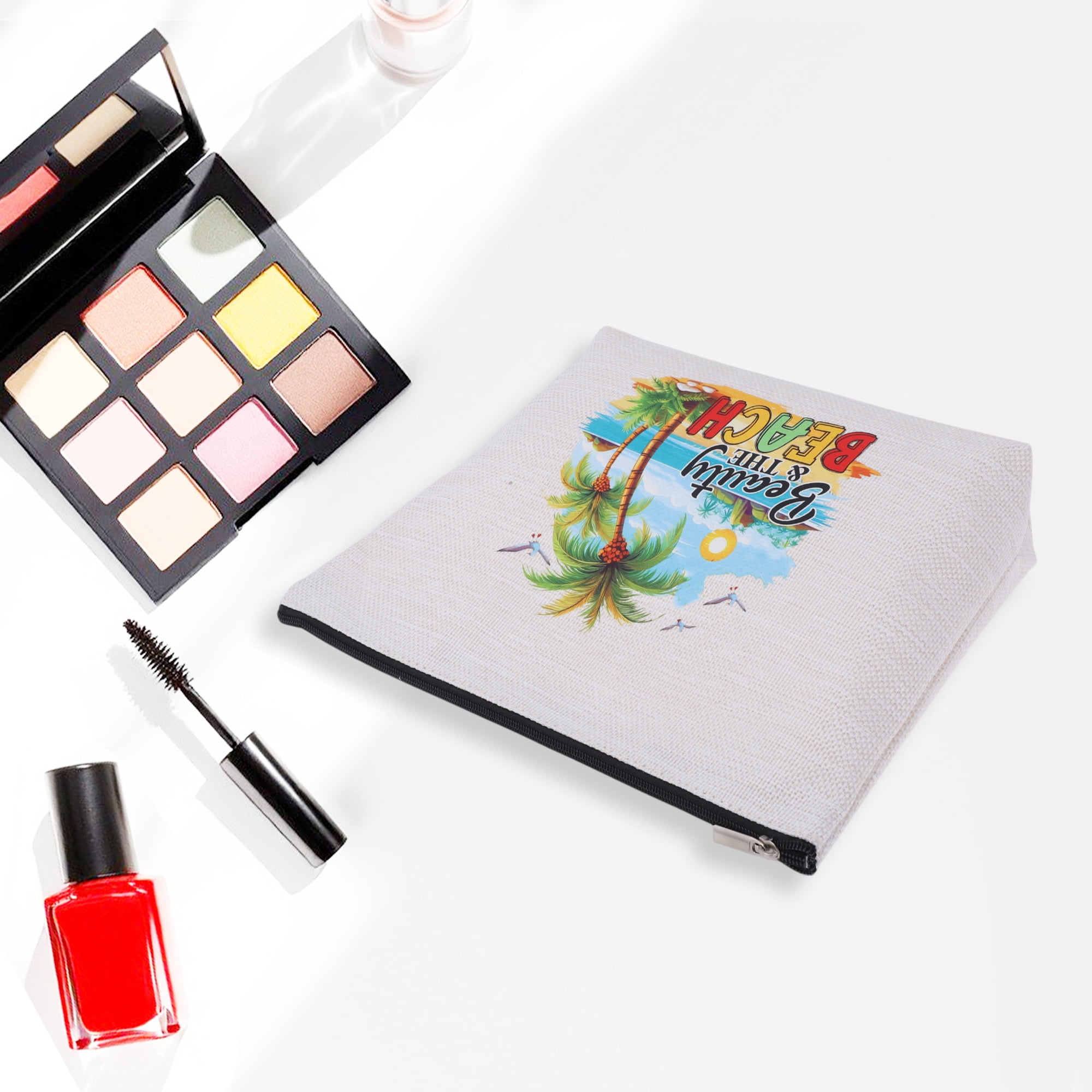 Unique Bargains 1 Pc Linen Printed Makeup Bag for Business Travel and Everyday Use White