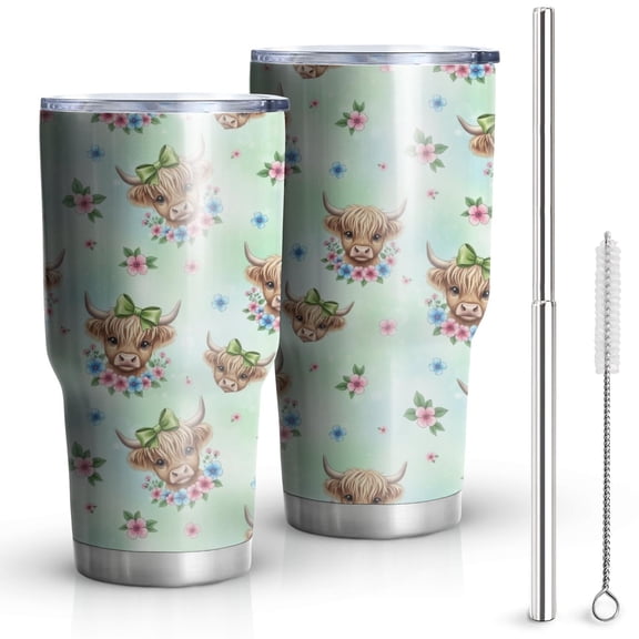 30oz Green Highland Cow Flower Pattern Tumblers Stainless Steel Tumbler with Lid and Straw,Vacuum Insulated Double Wall Travel Tumbler Cups Mug with Cleaning Brush for Coffee,Tea