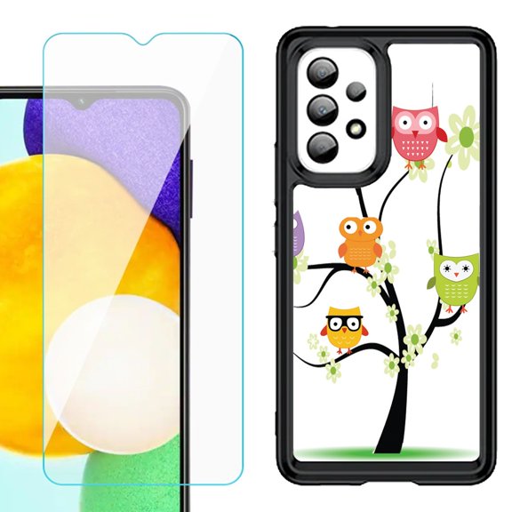 Shockproof Bumper (Black Frame) phone Case for Samsung Galaxy A23 5G, with Tempered Glass Screen Protector, by OneToughShield ® - Tree Owl