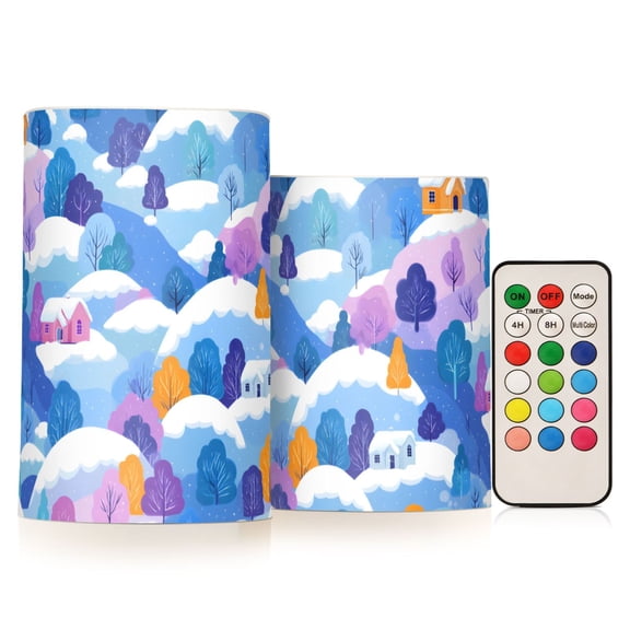 Winter Scenery Village Flameless LED Candle Set with Remote, Battery Operated Color Changing Pillar Candles, Set of 2