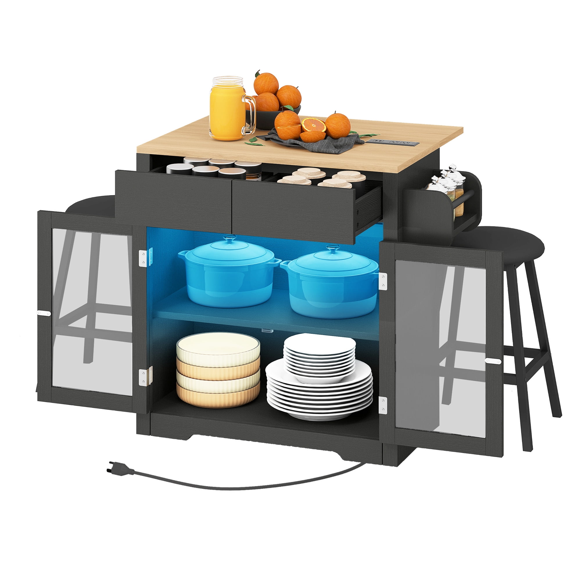 Uforic Kitchen Island Table with Drop Leaf & Seating, Rolling Kitchen Island with Power Outlets & Storage, Black