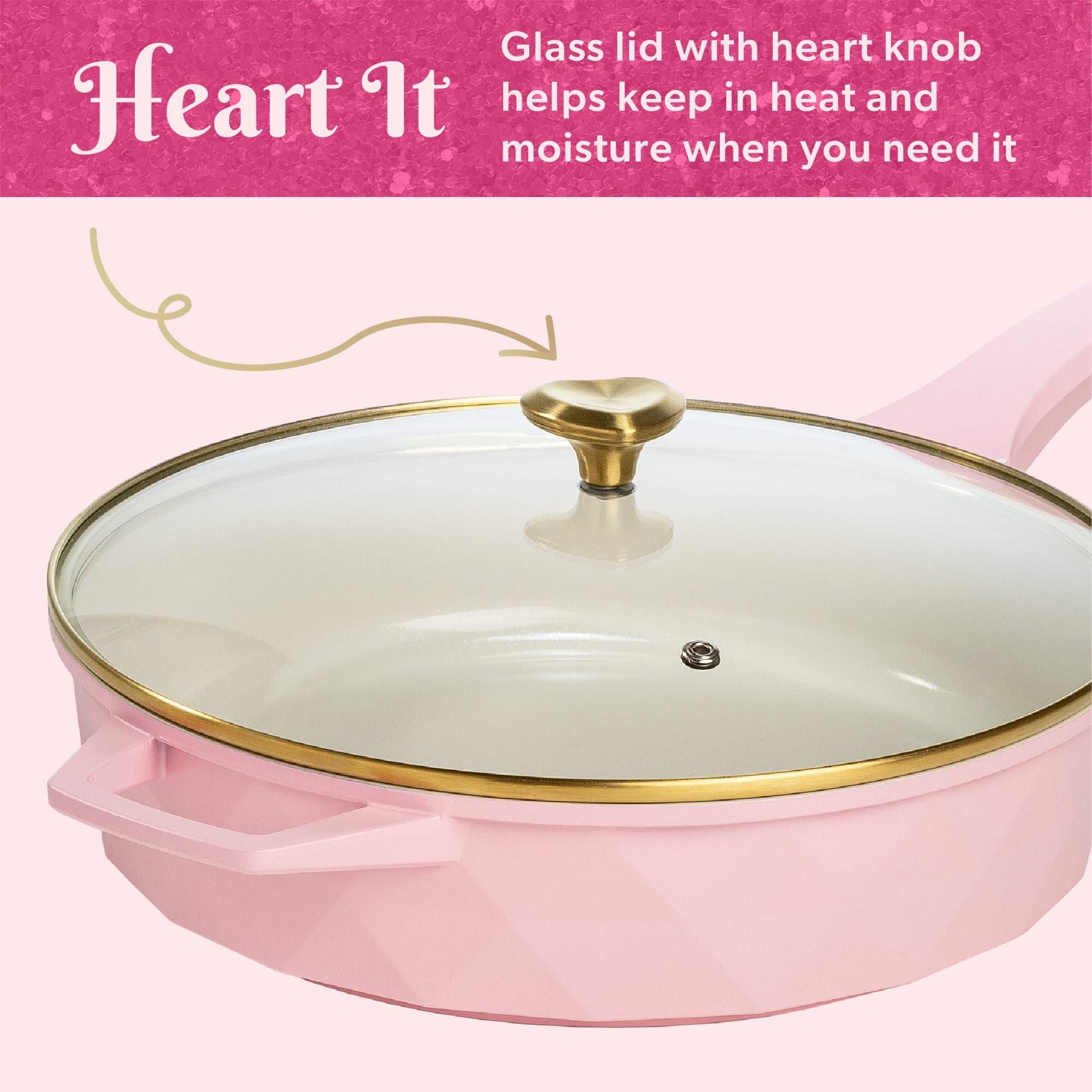 Paris Hilton 4 Quart Ceramic Nonstick Jumbo Cooking Pan Skillet for Sauteing & Frying with Heart Shaped Lid Knobs, Pink