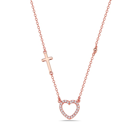925 Sterling Silver Rose Gold-Tone Love Heart Cross CZ Pendant Necklace