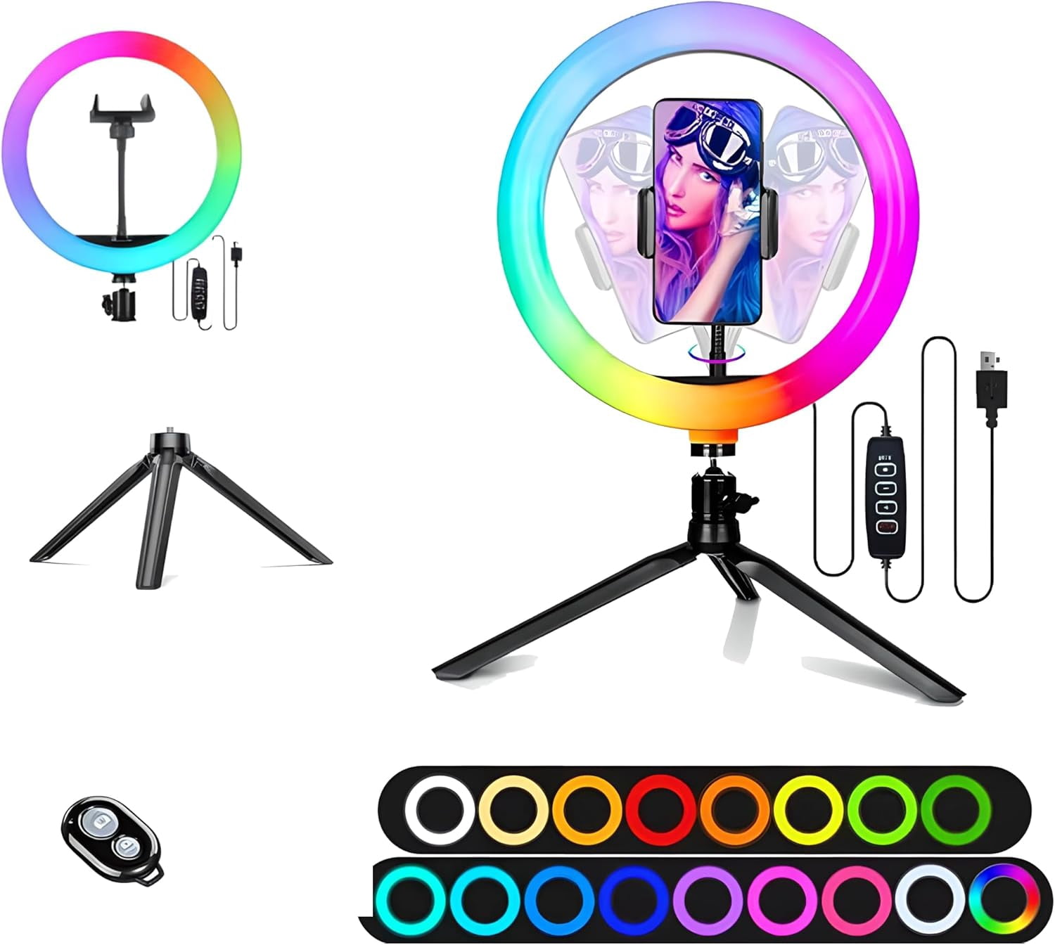 MHAWBL-10" Selfie Ring Light with 4" Desktop Tripod Stand & 1 Phone Holder, LED Ringlight with Dimmable Modes(RGB) for Makeup/Photography/Videos/Vlog/TikTok (STDLR10-V2)