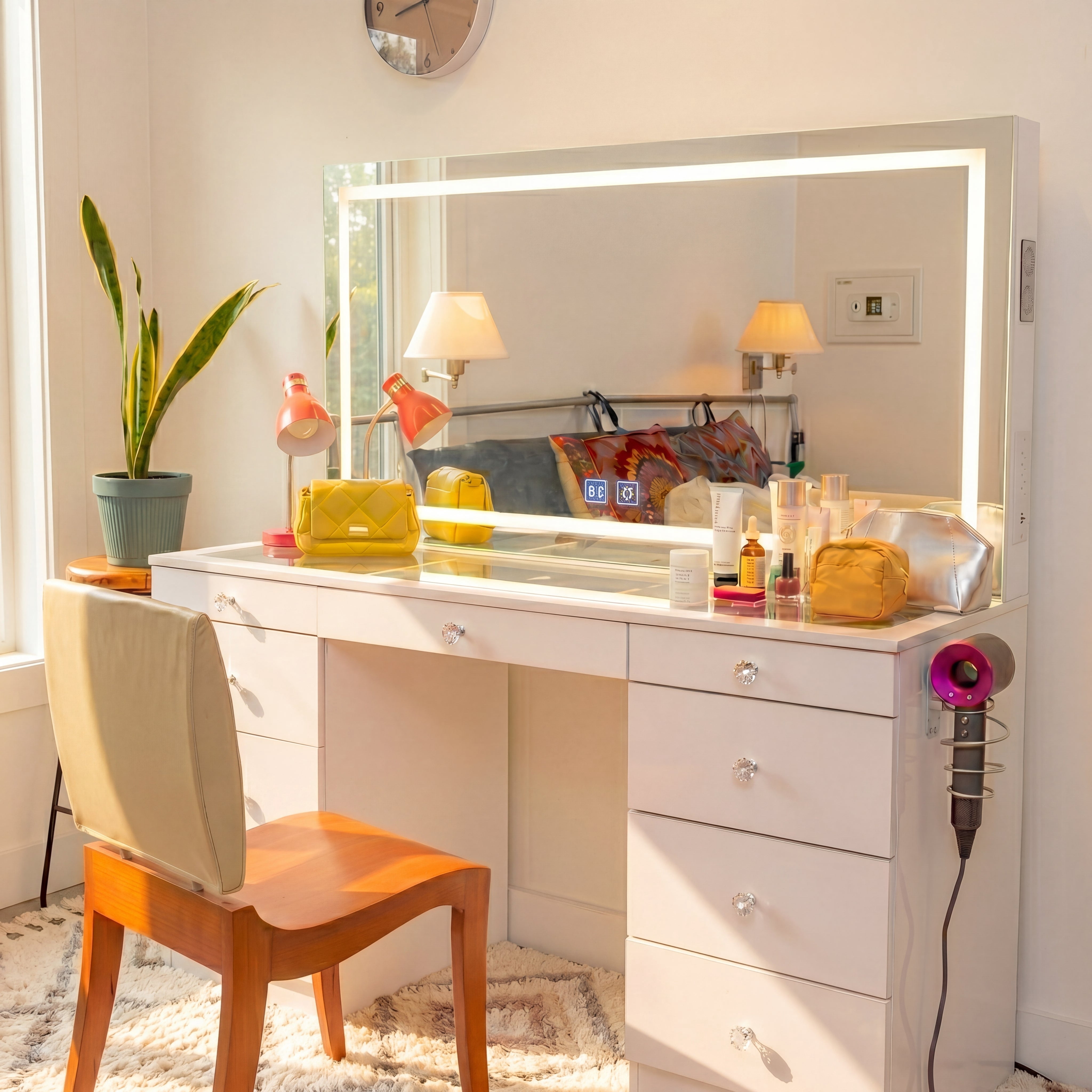 Boahaus Elara Extra Large Vanity Desk with Mirror and Lights – 11 Drawer Makeup Vanity Table with Storage, Power Outlet and Built-In Speakers
