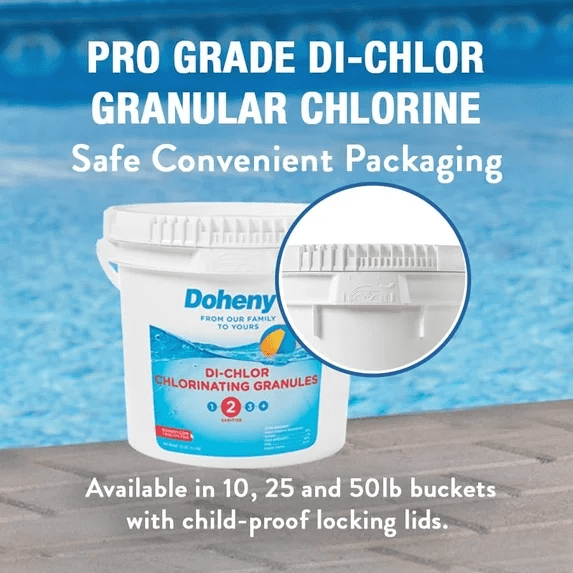 Doheny’s Di-Chlor Granular Chlorine, 10 lb Bucket, 56% Stabilized Chlorine, 99.5% Sodium Dichlor, Fast-Dissolving 3-in-1 Pool Sanitizer, Shock and Algaecide, Calcium-Free Formula