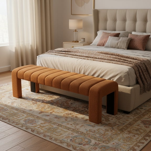 Christopher Knight Home 63" Rectangular Boucle Upholstered Ottoman Bench, Modern Accent Seating, Orange