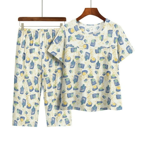

Lounge Sets for Women Summer Casual Short Sleeve Tops with Full Length/Capri Pants Ladies Vacation Outfits Pajamas Sets