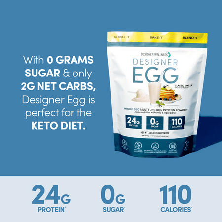 Designer Wellness , Designer Egg, Natural Egg Yolk & White Protein Powder, 24g Protein, Keto and Paleo Friendly, Less Fat and Cholesterol, Vanilla, 12.4 oz