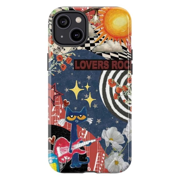 Cool Blue Cat Guitar Phone Case, Music Lovers Sun & Flower Retro Collage Cover for iPhone 17 16 15 14 13 12 11 Pro Plus Mini