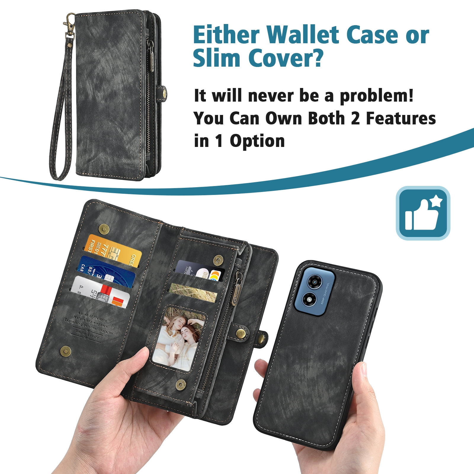 Asuwish Phone Case for Motorola Moto G Play 4G 2024 Zipper Wallet Detachable Cell Cover with Tempered Glass Screen Protector Crossbody Lanyard Strap Flip Card Holder XT2413V XT2413-1 64GB Women Black