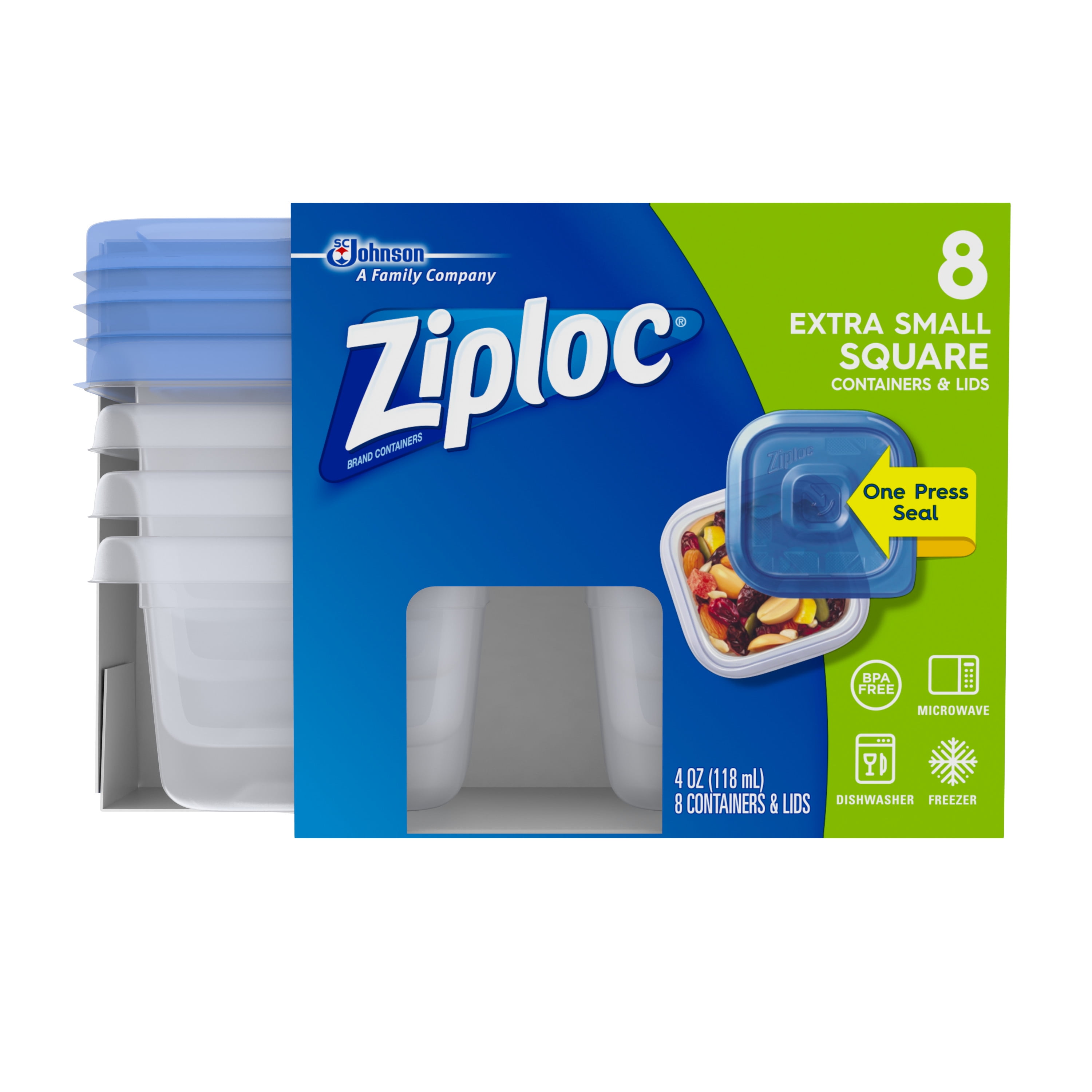 Ziploc 8 CT Extra Small Square Container, 4 oz. Each, One Press Seal Plastic Storage Container