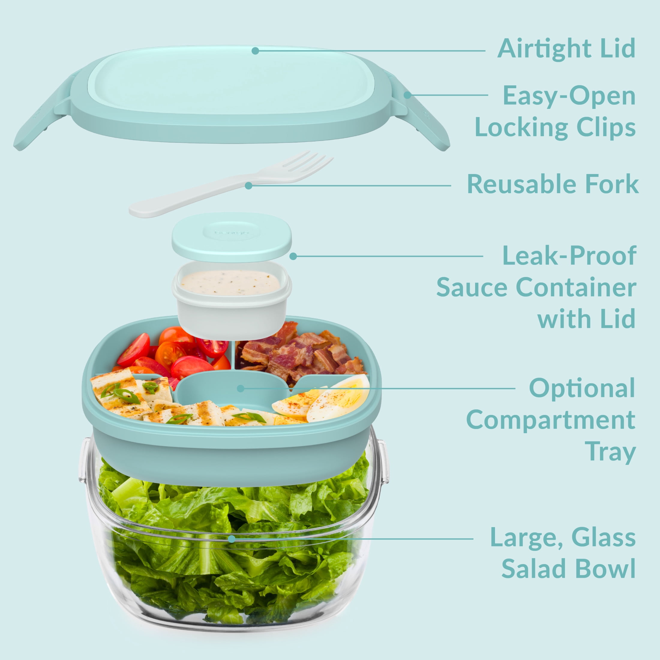 Bentgo® Glass All-in-One Salad Container - Large 61-oz Salad Bowl with Lid, 4-Compartment Bento-Style Tray, Sauce Container & Reusable Fork - Dishwasher, Microwave, and Oven Safe - Coastal Seaglass